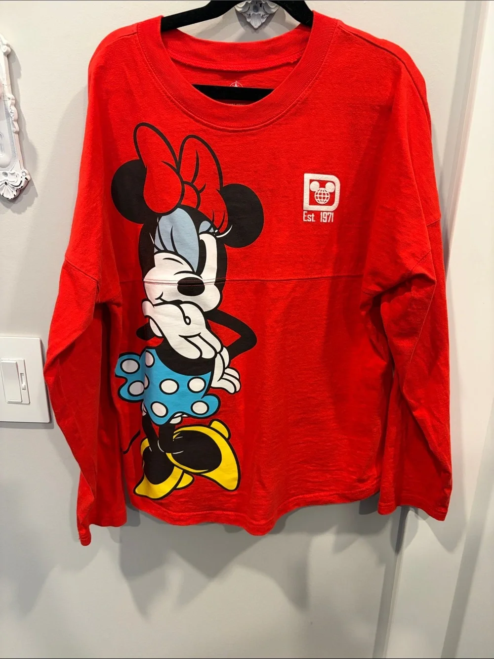 Disney Red Long Sleeve Minnie Mouse Graphic Tee with Blue Polka-Dot Skirt